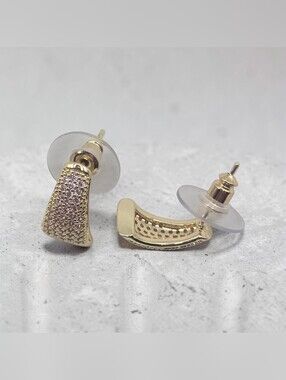 Goldtone Curved Champagne Color Pavé Stud Earrings - Women Jewelry